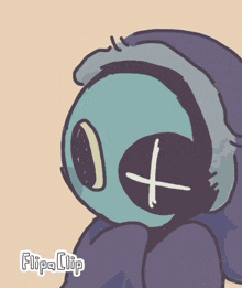 a cartoon drawing of a person wearing headphones with a cross on it