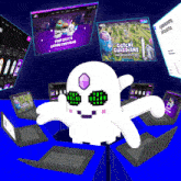 a cartoon octopus is surrounded by laptops with a screen that says gotchi guardians on it