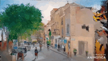 a painting of people walking down a city street is made in animatica