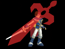 a cartoon character is holding a large sword in front of a red cross