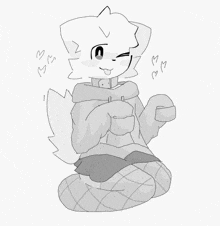 a black and white drawing of a furry character with hearts around his head