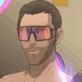 a cartoon drawing of a man wearing sunglasses with a pink lens