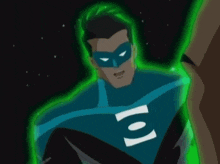 a green lantern with a surprised look on his face is glowing in the dark