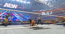a wrestler is kneeling down in a wrestling ring with a aew sign behind him