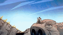 a cartoon drawing of a person standing on top of a rock