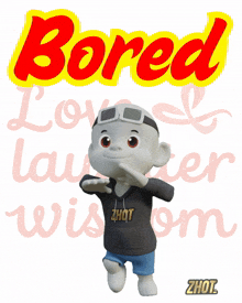 a cartoon character is standing in front of a sign that says " bored "