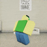 a roblox character in front of a sign that says " like home "