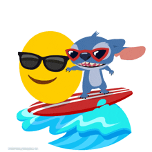 a cartoon of stitch riding a surfboard next to a smiley face wearing sunglasses