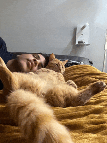 a man laying on a bed with a cat laying on top of him