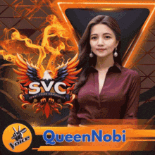 a woman is standing in front of a logo for svc