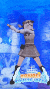 a girl in a brown dress is dancing in front of a blue background in a video game .