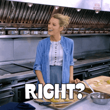 a woman standing in a kitchen with the words right above her