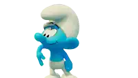 a smurf wearing a white hat with a yellow flower in it