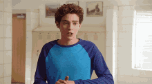 a young man with curly hair wearing a blue shirt