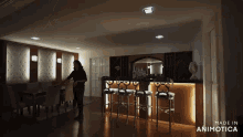 a woman is standing in a room with the words made in animotica on the bottom right