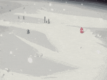 a cartoon drawing of a snowy landscape with trees and a red object