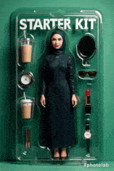a woman in a hijab is in a starter kit surrounded by accessories