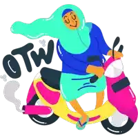 a woman wearing a hijab is riding a motorcycle with the word otw written on the side