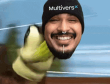 a man with a beard is wearing a beanie that says multivers on it