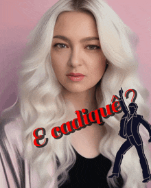 a woman with long white hair is standing in front of a sign that says " cadique "