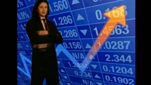 a woman stands in front of a screen with numbers and a arrow pointing up