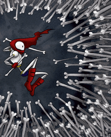 a cartoon drawing of a skeleton surrounded by bones with a red cape