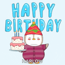a penguin in a party hat is holding a birthday cake