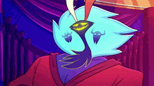 a cartoon drawing of a blue bird with horns on it 's head