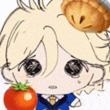 a cartoon character is holding a tomato and a pie on his head