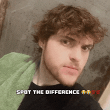 a man with a green towel around his neck has the words spot the difference written below him