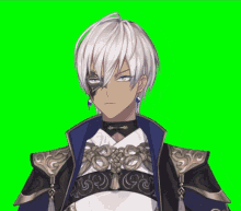 a man with white hair and blue eyes is wearing a black and gold outfit
