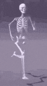 a skeleton is dancing on a purple background with its shadow on the ground .
