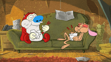 two cartoon characters sitting on a green couch eating noodles