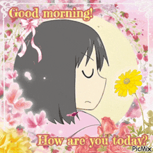 a picture of a girl with a flower says good morning