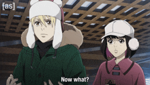 a boy and a girl are standing next to each other and the girl is asking the boy " now what "