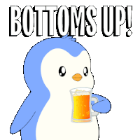 a blue and white penguin holding a mug of beer with the words bottoms up above it