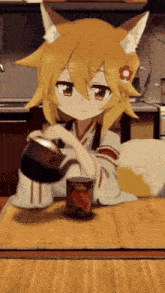 a fox anime character pouring tea into a cup on a table