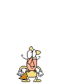a pixel art drawing of a cartoon character with a red tongue sticking out