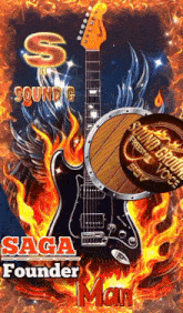 a poster for saga founder man with a guitar and drum