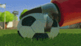 a soccer ball is being kicked in the grass by a person