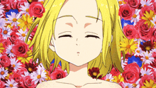 a girl with blonde hair is surrounded by pink and yellow flowers .