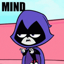 a cartoon character with a purple cape and the word mind on the bottom