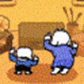 a couple of cartoon characters standing next to each other in a living room .