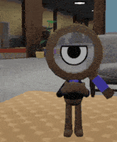 a cartoon character is holding a magnifying glass with one eye