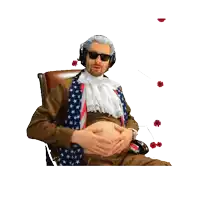 a man sitting in a chair with his hands on his belly and flowers flying around him