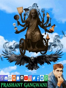 a poster for prashant gangwani with a statue of a woman on a chariot