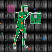 a silhouette of a person holding a circuit board with a cpu on it