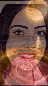 a painting of a woman holding a pink rose