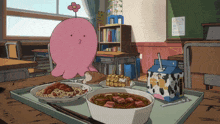 a pink octopus is sitting at a table with a tray of food and a milk carton with a cow on it
