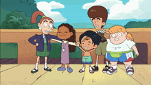 a group of cartoon characters are posing for a picture and one of them is wearing a shirt that says " i love you "